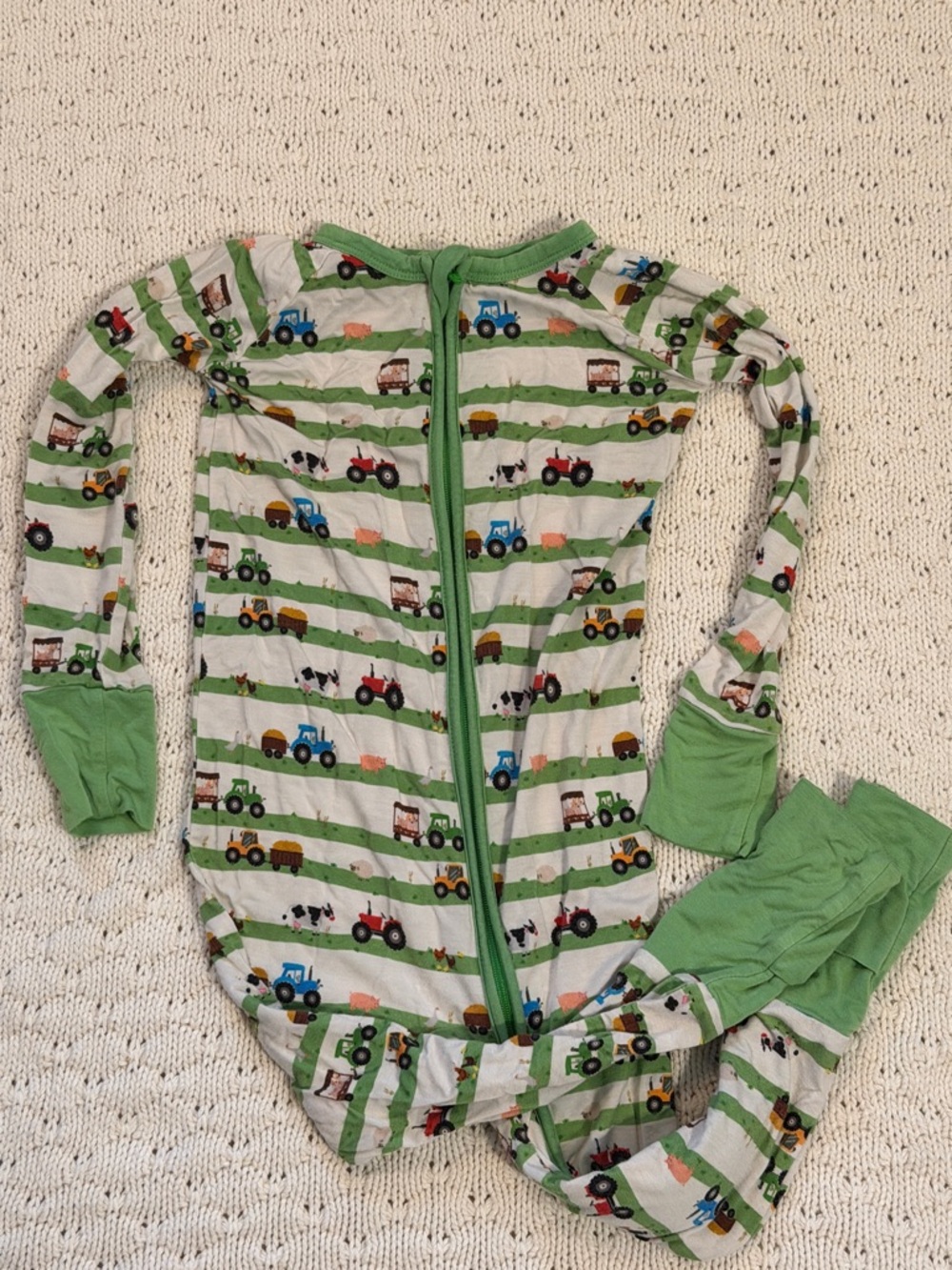 Green Striped Farm Tractor Kids Footed Pajama - Unbranded